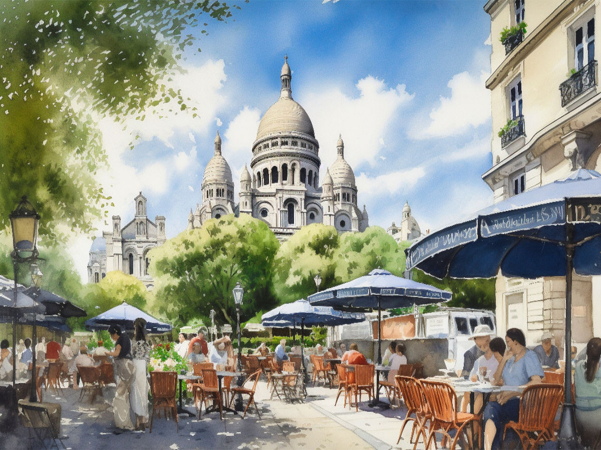 Café auf dem Montmartre mit Basilika Sacré Coeur