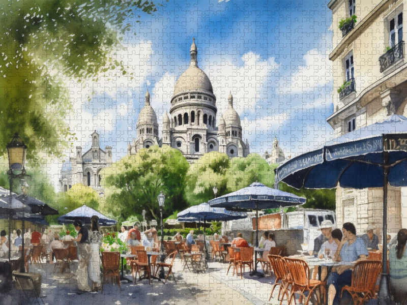 Café auf dem Montmartre mit Basilika Sacré Coeur