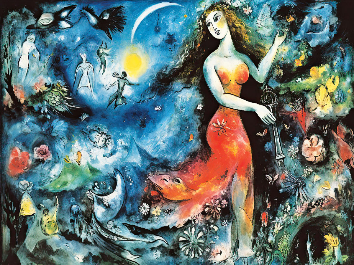 Sandro Botticellis 'Die Geburt der Venus' gemalt im Stil von Marc Chagall