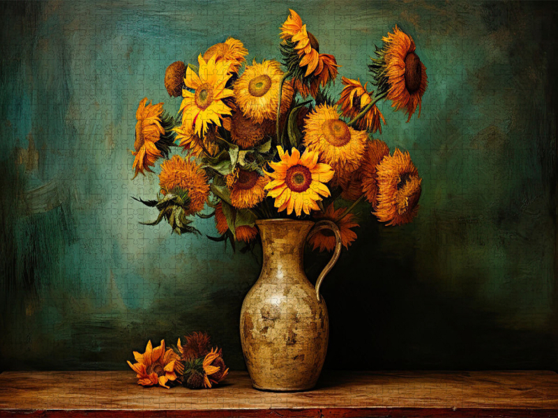 Vincent van Goghs '12 Sonnenblumen in einer Vase' gemalt im Stil von Rembrandt Harmenszoon van Rijn