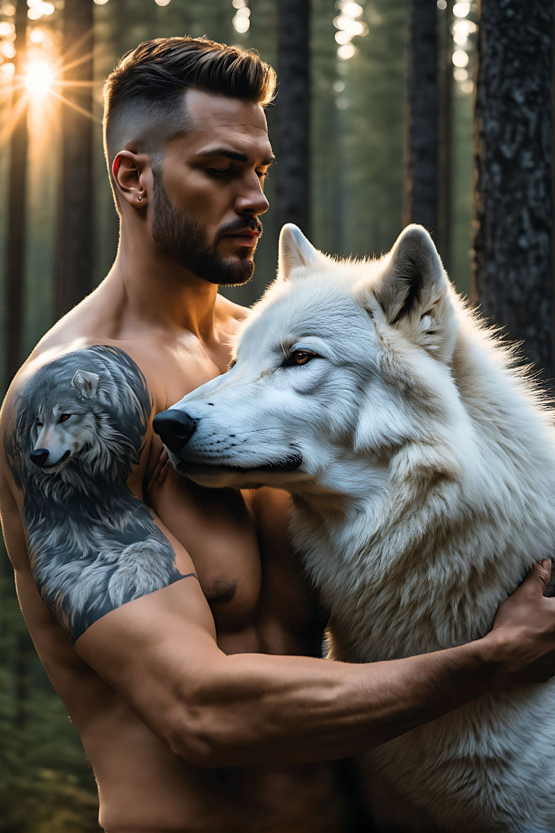 Wolfsflüsterer mit symbolhaftem Wolfstattoo