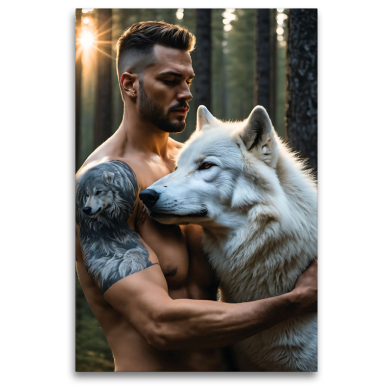 Wolfsflüsterer mit symbolhaftem Wolfstattoo