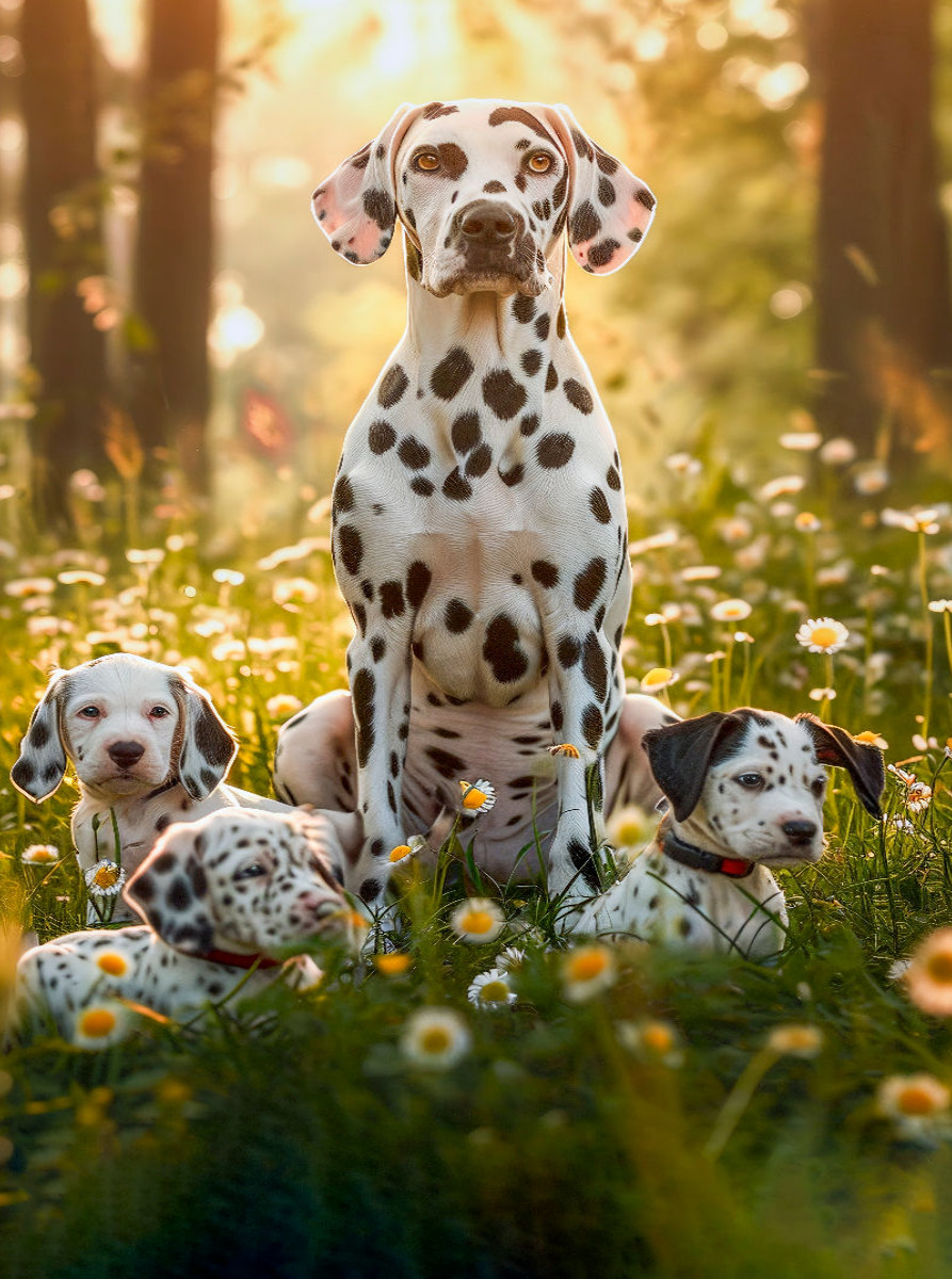 Dalmatiner, die Familie beim kleinen Spaziergang