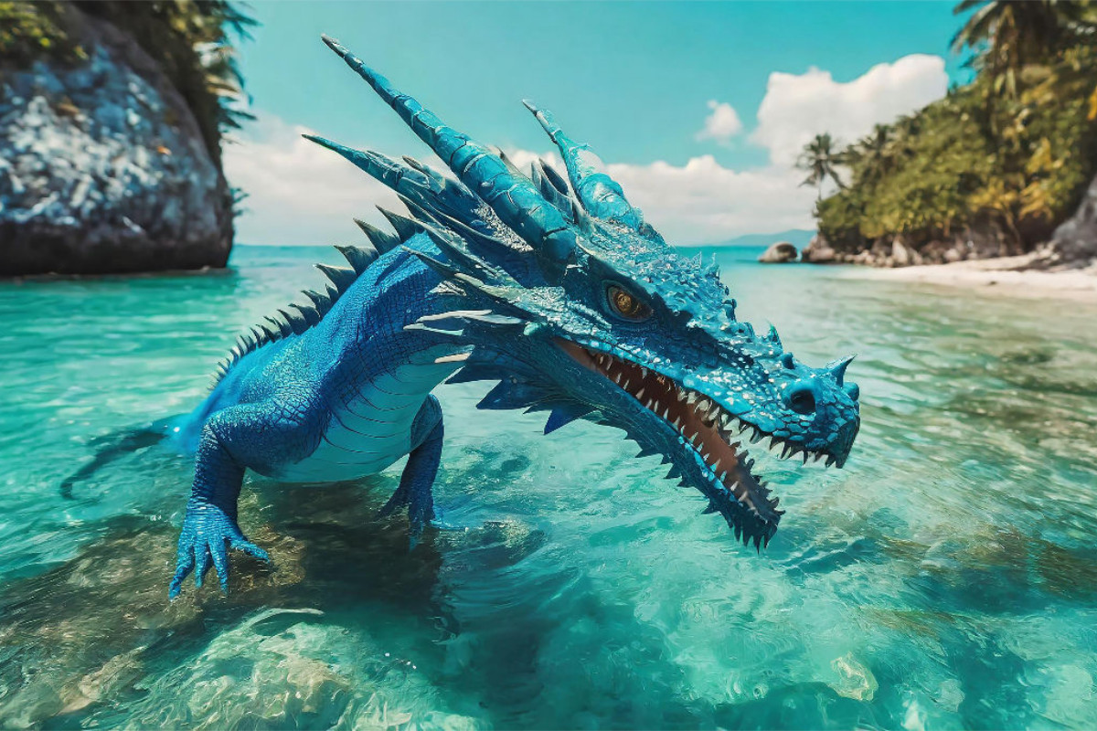 Ein blauer Wasserdrachen durchstreift sein Inselreich