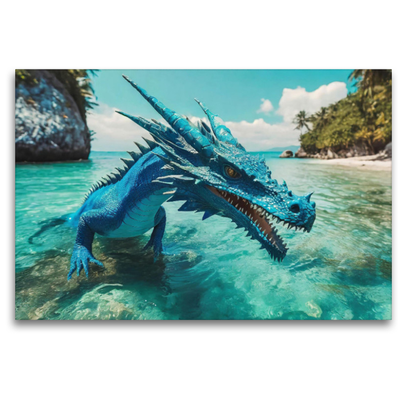 Ein blauer Wasserdrachen durchstreift sein Inselreich