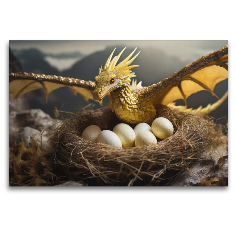 Ein gelber Drache bewacht sein Nest