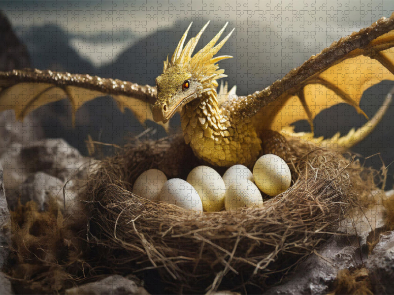 Ein gelber Drache bewacht sein Nest