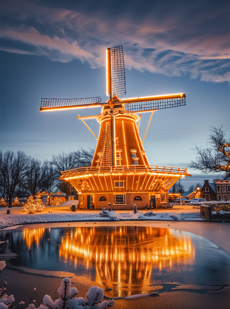 Windmühlen im Abendlicht, verweben Träume und Geschichten im Gesicht