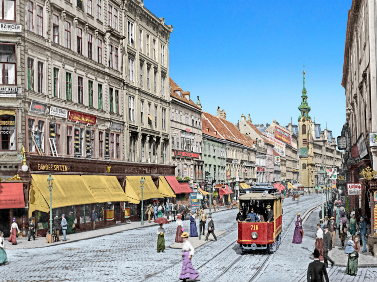 Wien - Mariahilferstraße 1908 (Koloration aus Schwarzweißfotografie)