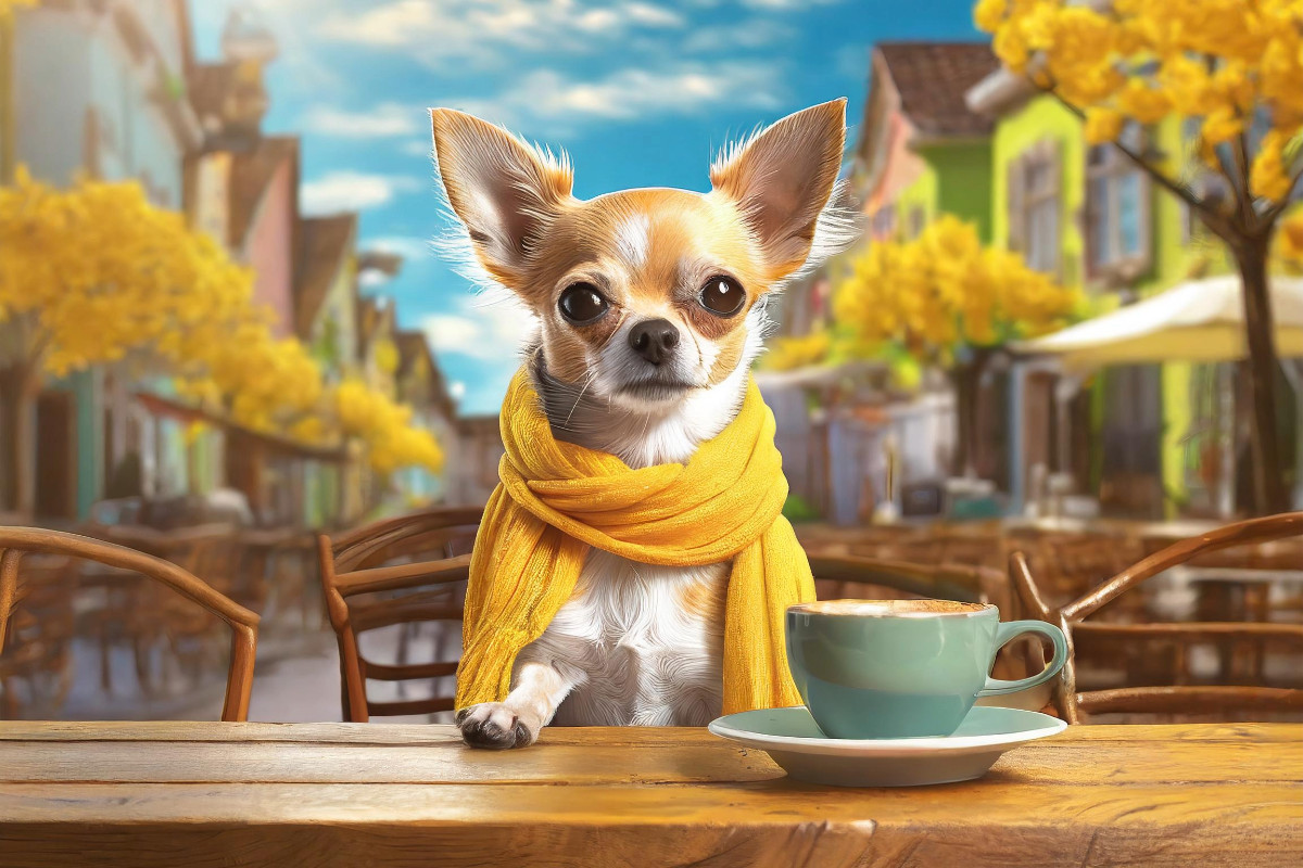 Chihuahua sitzt im Straßencafe vor einer großen Tasse Kaffee in der Sonne