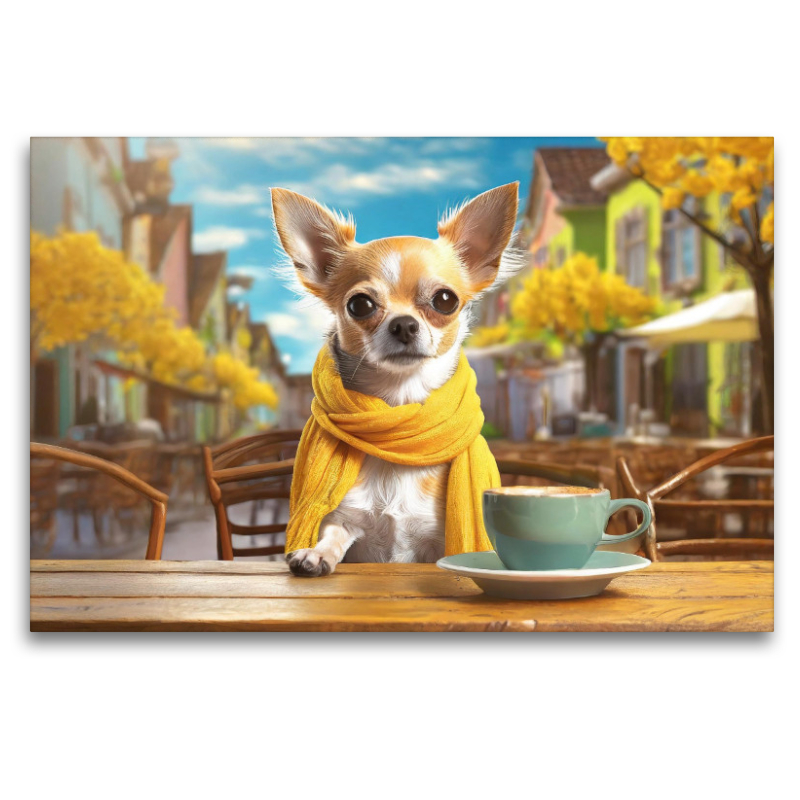 Chihuahua sitzt im Straßencafe vor einer großen Tasse Kaffee in der Sonne