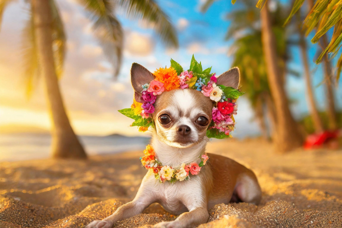 Chihuahua mit einem Blütenkranz liegt am Strand im Sonnenuntergang