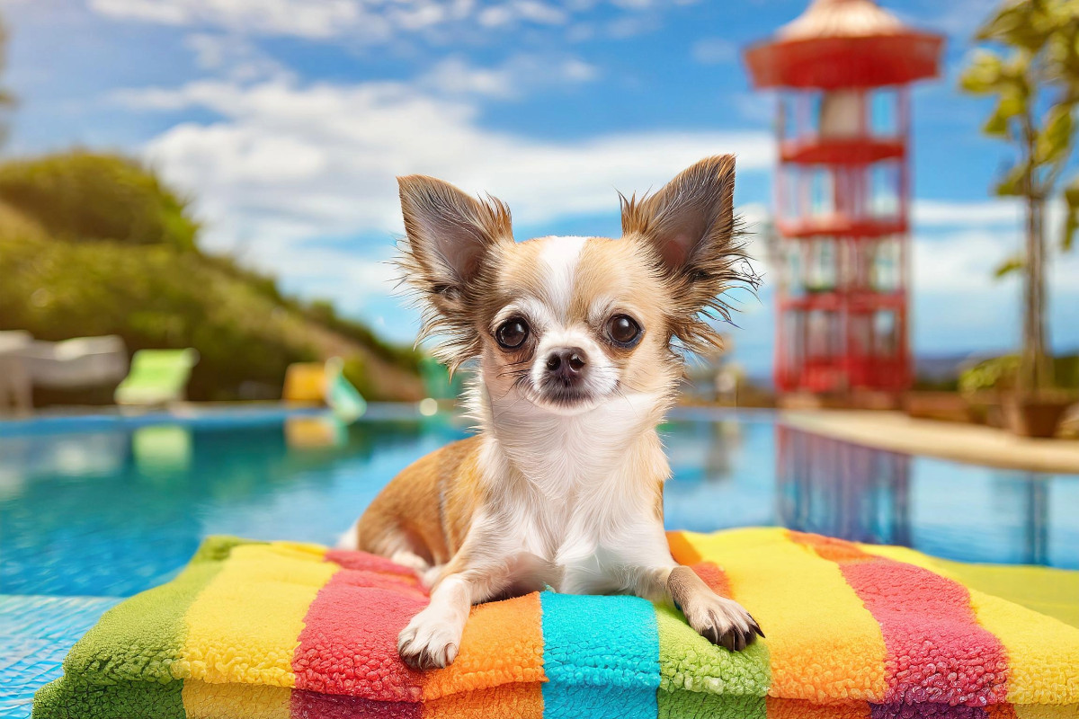 Chihuahua liegt im Schwimmbad auf einer bunten Decke