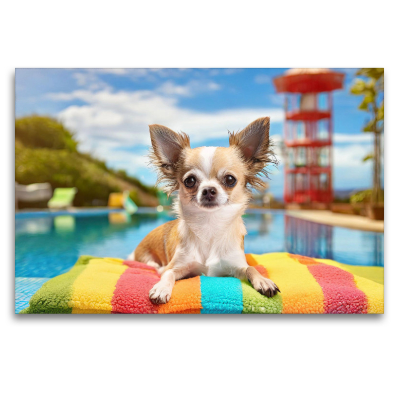 Chihuahua liegt im Schwimmbad auf einer bunten Decke