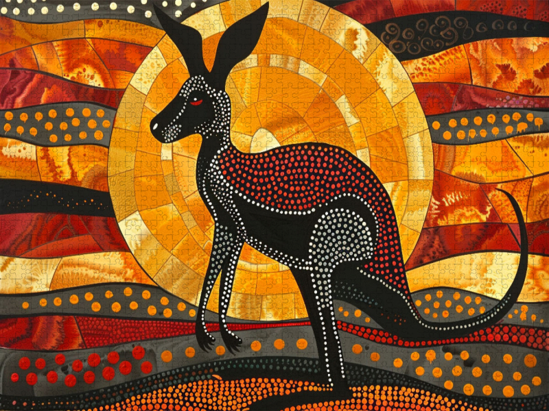 Känguru im Sonnenuntergang - im Stil der Kunst der Aborigines