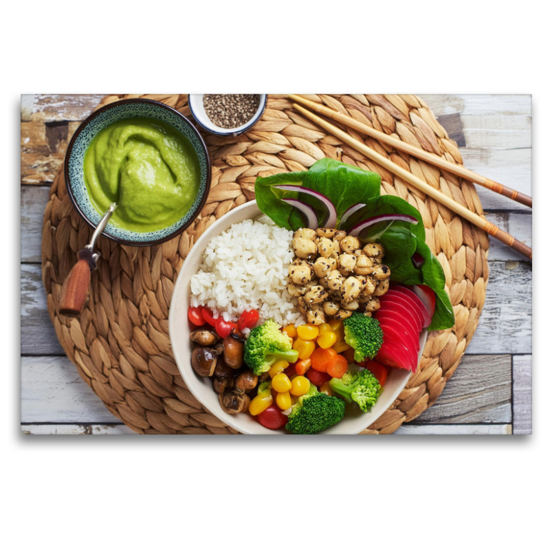 Vegane Bowl mit Kichererbsen, Mais, Paprika, Avocadodip, Karotten, Brokkoli, rote Beete