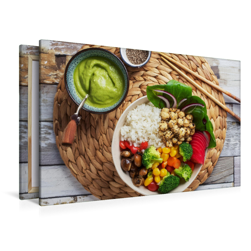 Vegane Bowl mit Kichererbsen, Mais, Paprika, Avocadodip, Karotten, Brokkoli, rote Beete