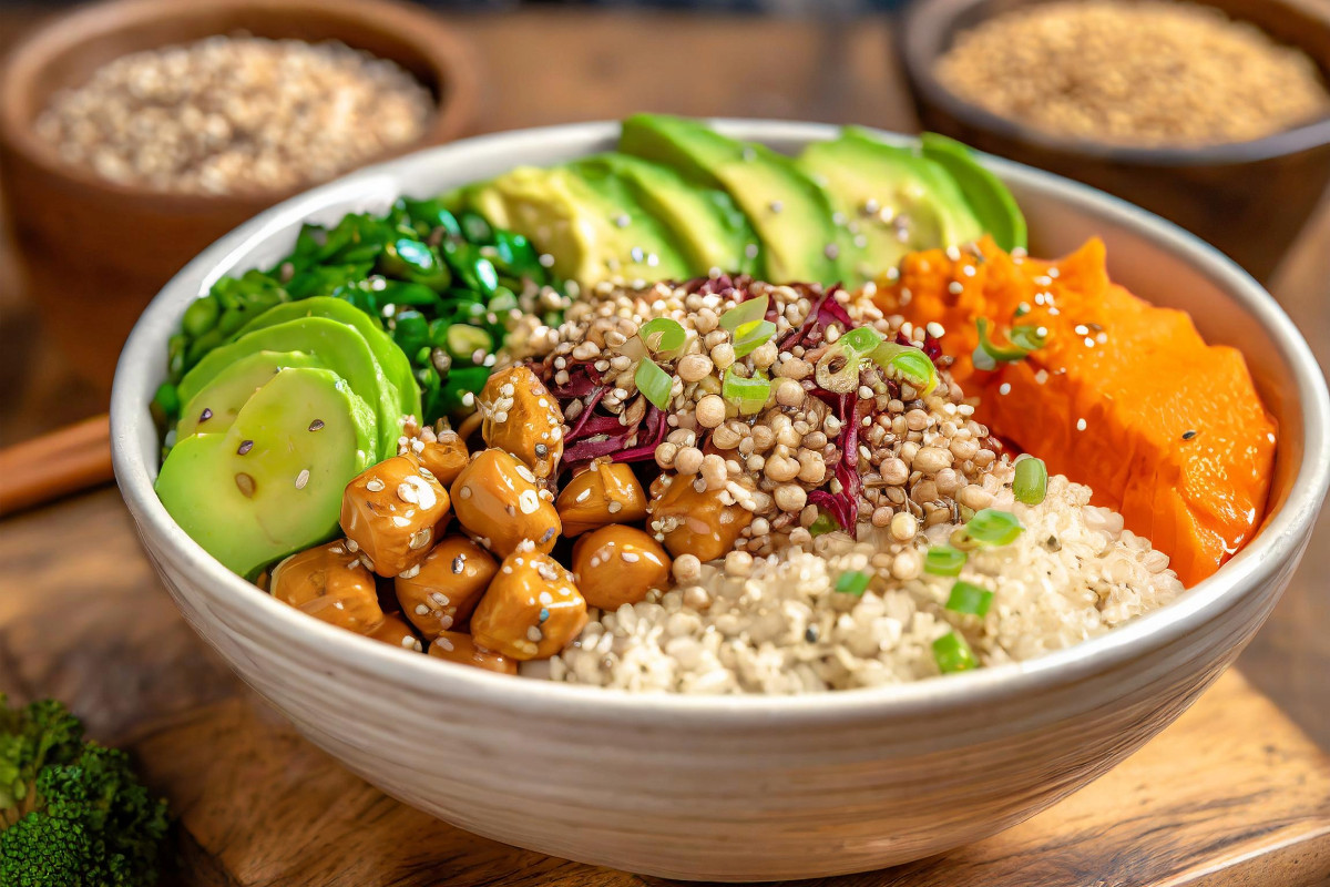 Vegane Bowl mit Reis, Avocado, Kichererbsenpüree, Toppings, Dressing