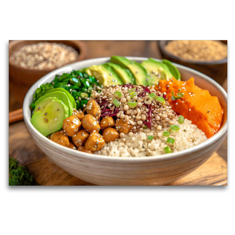 Vegane Bowl mit Reis, Avocado, Kichererbsenpüree, Toppings, Dressing