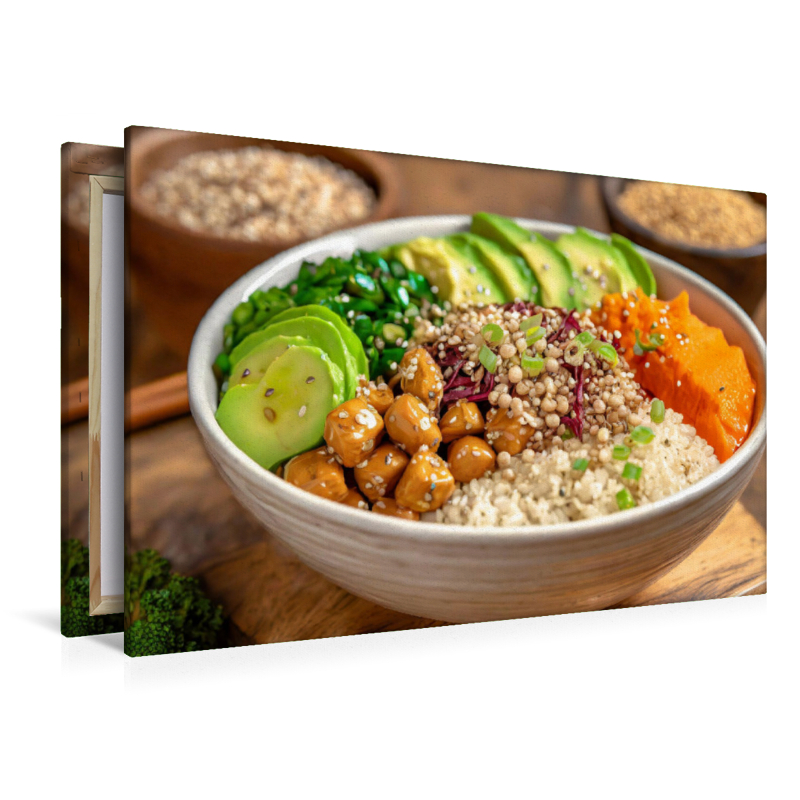 Vegane Bowl mit Reis, Avocado, Kichererbsenpüree, Toppings, Dressing