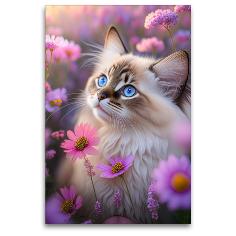 Ragdoll schaut zwischen vielen zarten rosa Blüten hindurch