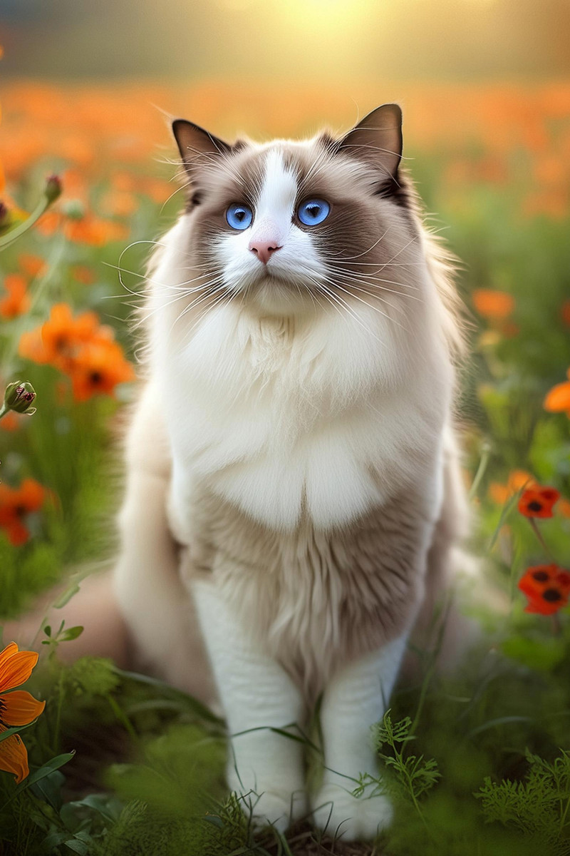 Ragdoll sitzt im Feld zwischen orangefarbenen zarten Blüten