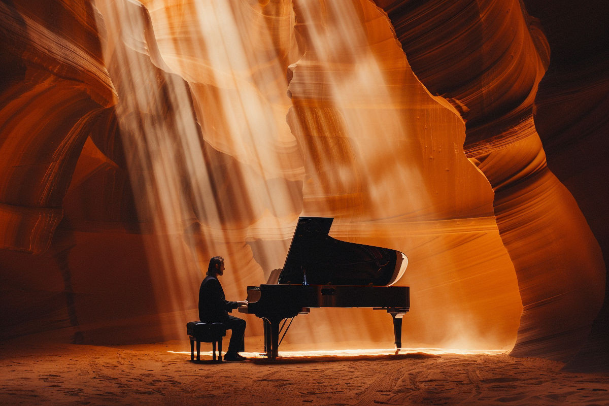 Pianospieler am Flügel im Canyon