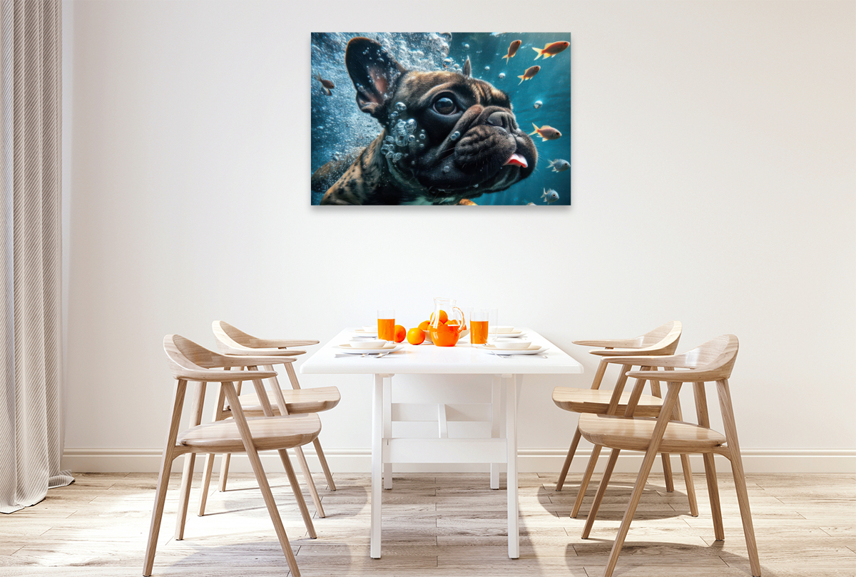 Eine Französische Bulldogge taucht mit Fischen