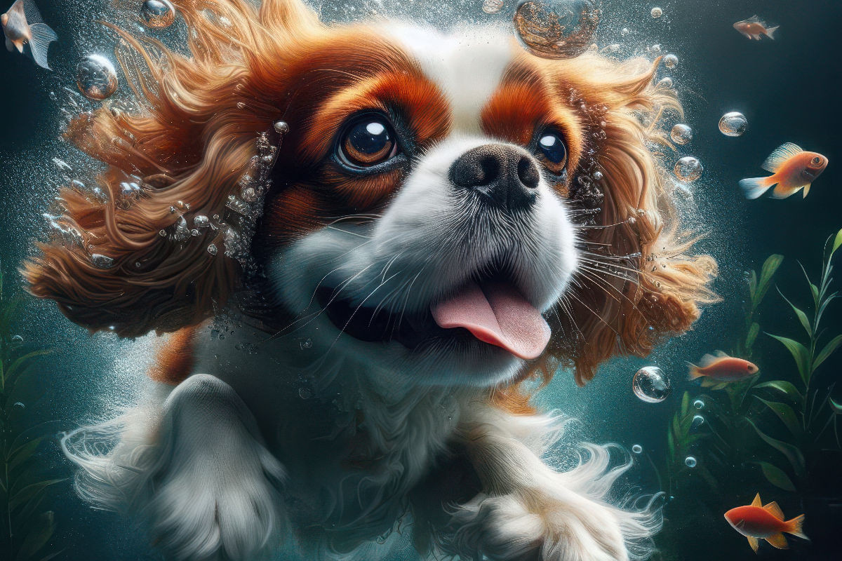 King Charles Cavalier Spaniel taucht begeistert unter Wasser