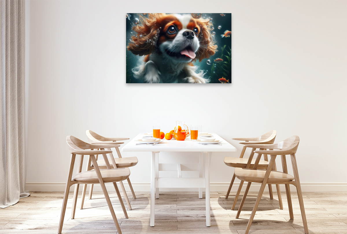 King Charles Cavalier Spaniel taucht begeistert unter Wasser