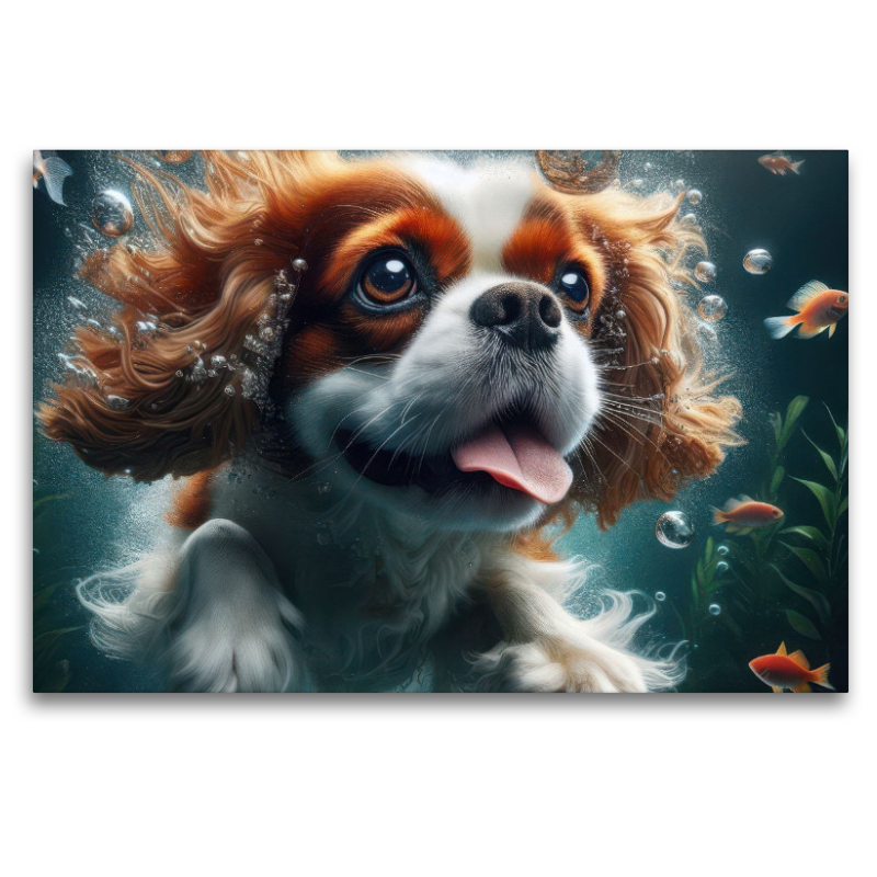 King Charles Cavalier Spaniel taucht begeistert unter Wasser