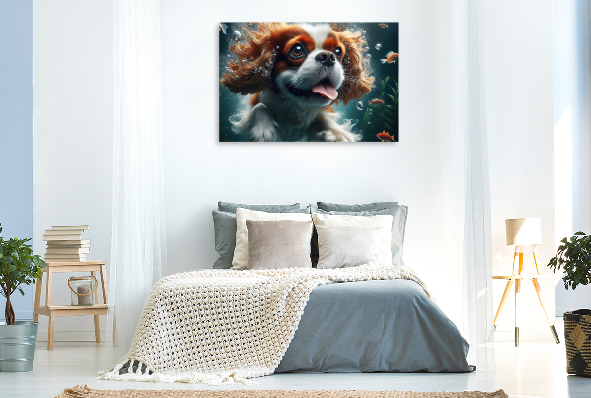 King Charles Cavalier Spaniel taucht begeistert unter Wasser