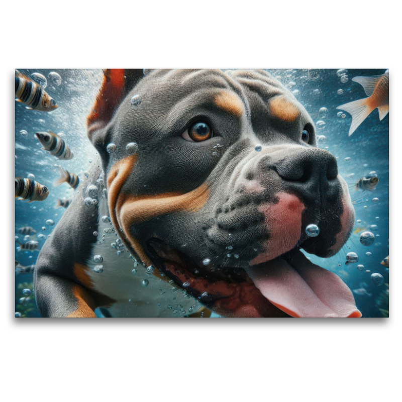 American Stafford Terrier taucht mit Fischen