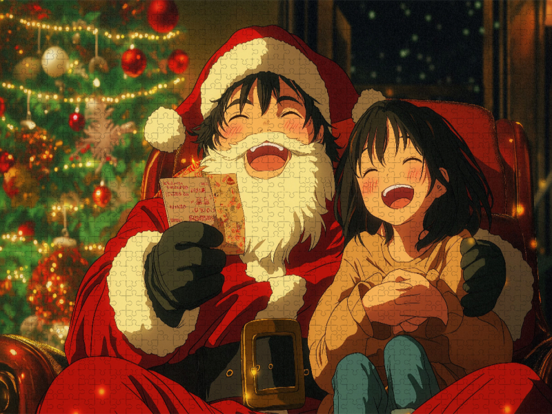 Fröhliche Anime-Weihnachtsszene – Santa und Mädchen teilen freudige Momente