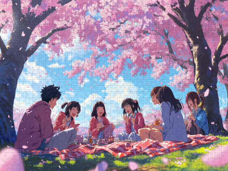 Anime Kirschblüten-Picknick - Kawaii Manga-Szene mit Freunden unter Sakura Bäumen