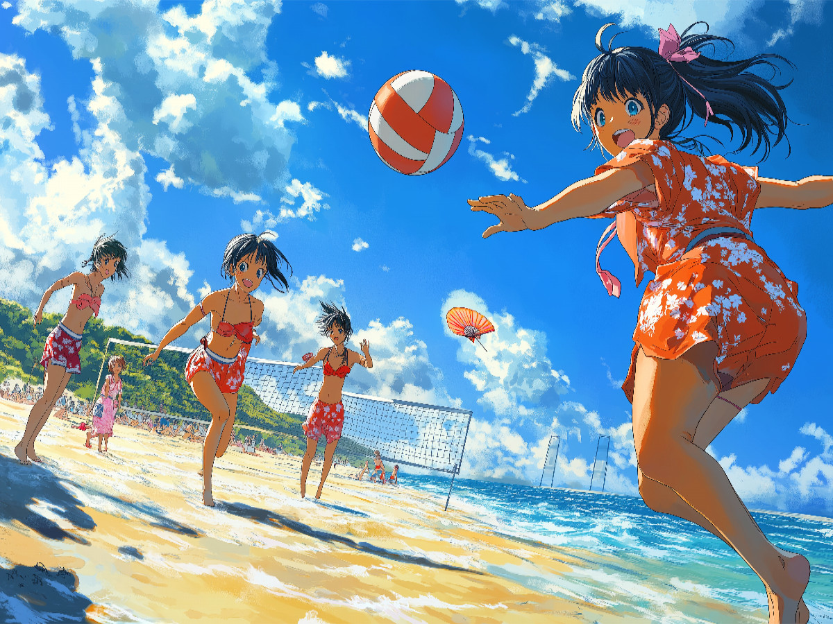 Anime Volleyball Girls – Kawaii Manga-Szene am Strand in leuchtenden Farben