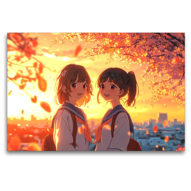 Shoujo Anime im Sonnenuntergang – Freundinnen in Schuluniform unter Kirschblüten