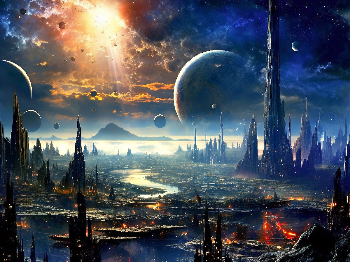 Belebte Stadt auf einem fremden Planeten - Science Fiction