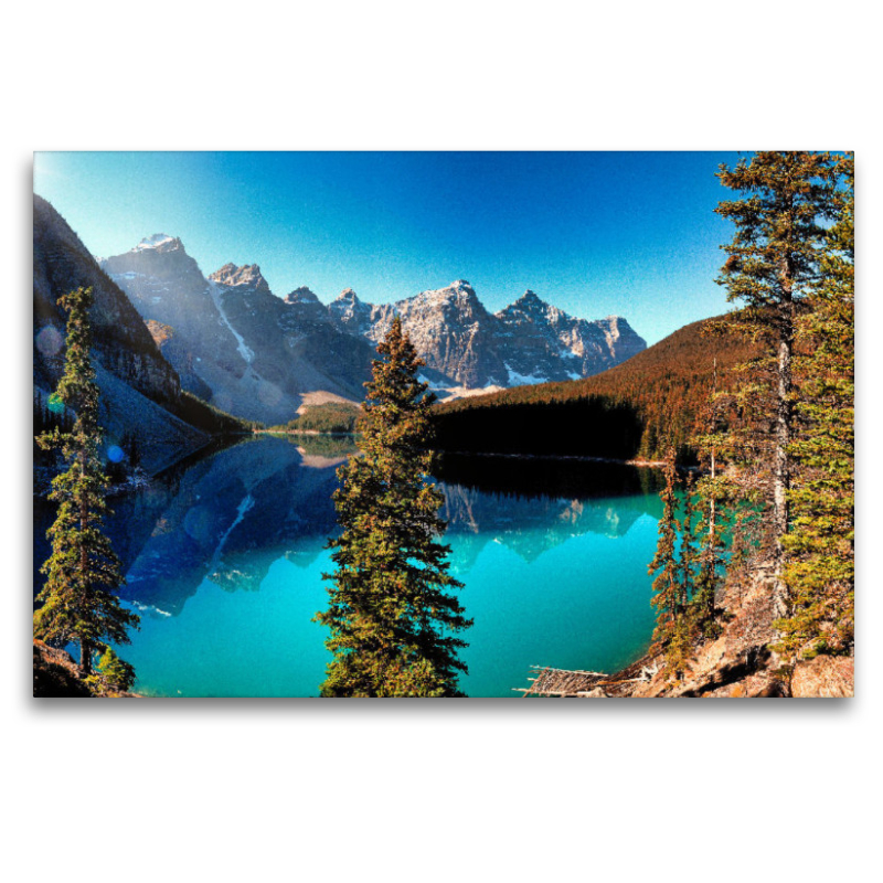 Das beeindruckende Panorama über den Moraine Lake zeigt die ganze Schönheit der kanadischen Rocky Mountains.