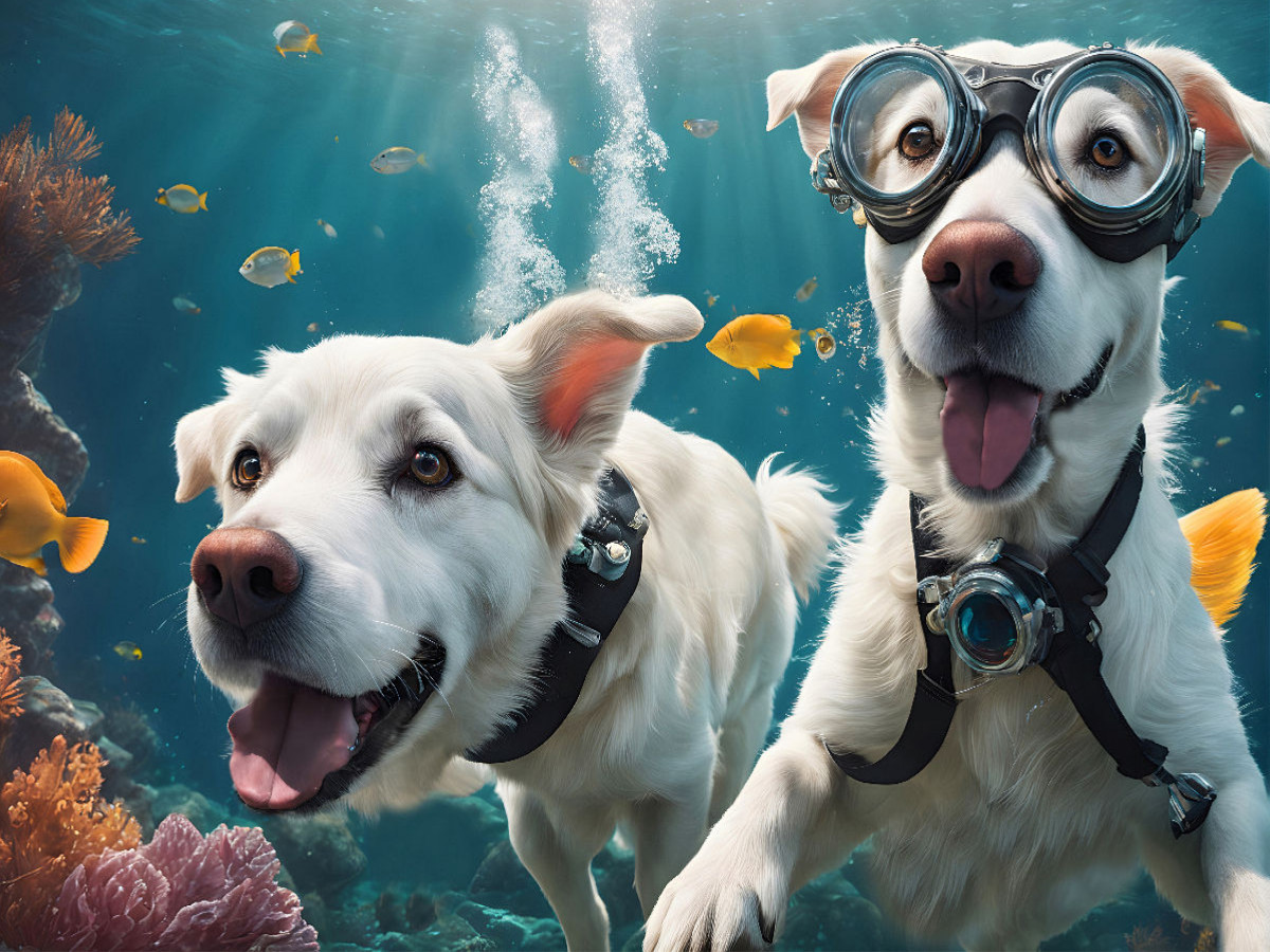 Hunde mit Schwimmbrille beim Unterwasserabenteuer