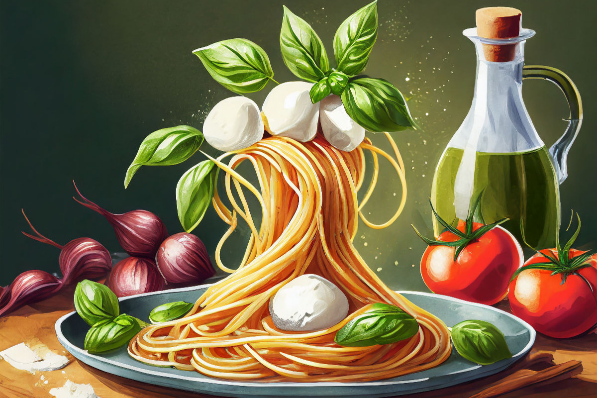 Spaghetti Turm mit Mozzarella Tomaten und Basilikum