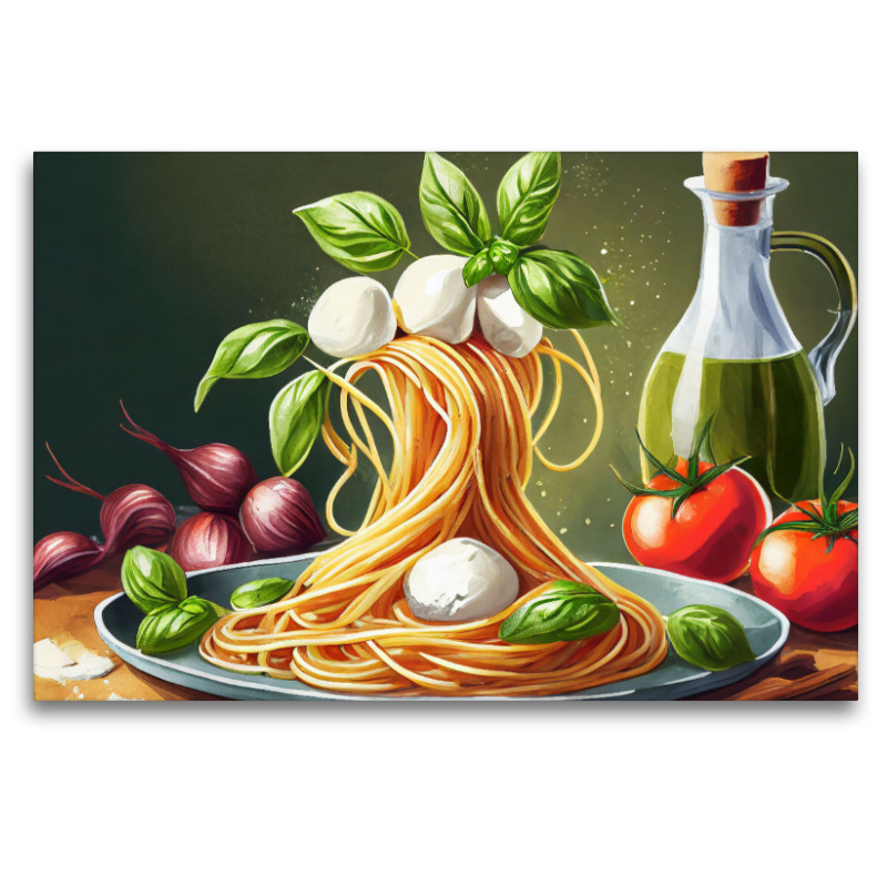 Spaghetti Turm mit Mozzarella Tomaten und Basilikum