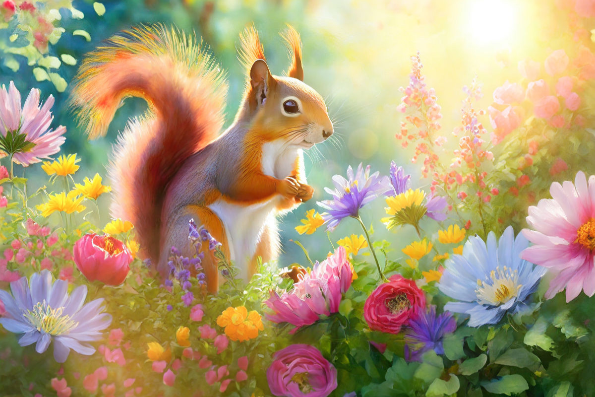 Joy of life in the sea of ​​flowers: The lively squirrel in the garden