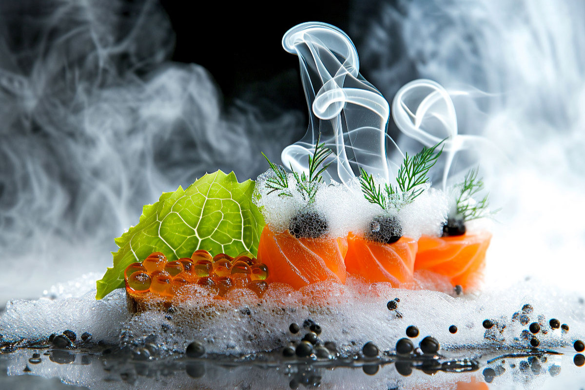 Molekulare Küche, Lachsfilet auf Meerrettichschaum mit Balsamico - Kaviar