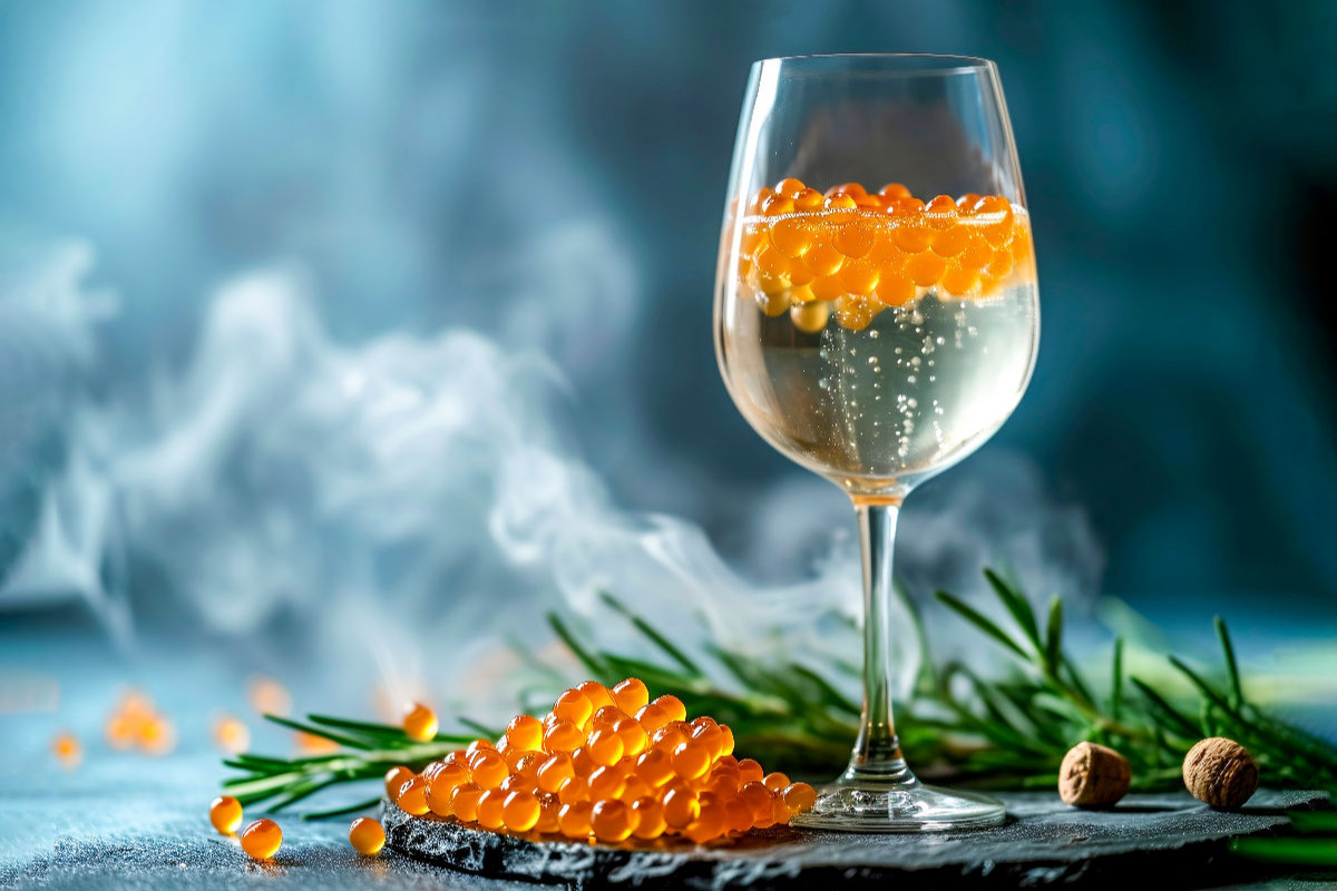 Molekulare Küche, Bellini Cocktail - Prosecco und Pfirsich - Kaviar