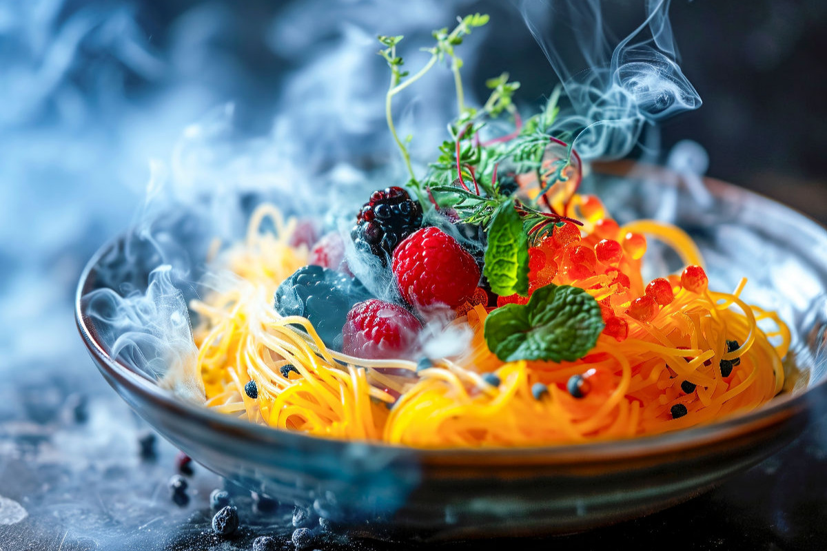 Molekulare Küche, Fruchtspaghetti mit Orangen-Kaviar und Früchten