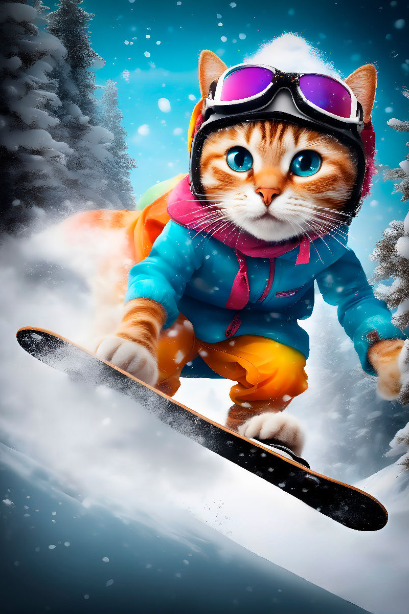 Katze beim Outdoorsport - Snowboard fahren