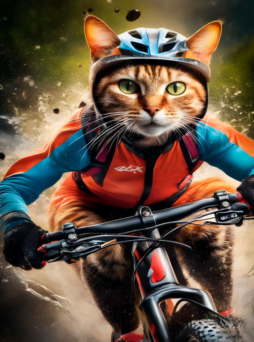 Katze beim Outdoorsport – Mountainbiken