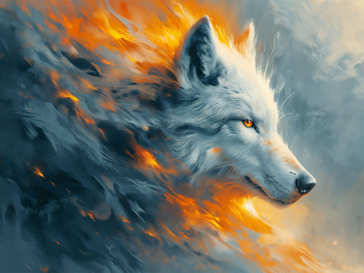 Flammenweiß: Die Eleganz des weißen Wolfs im Feuerspiel