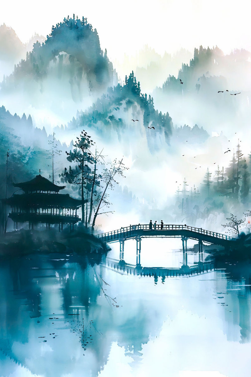 Chinesische Landschaft bei Morgennebel am Fluss. Brücke Aquarellmalerei.